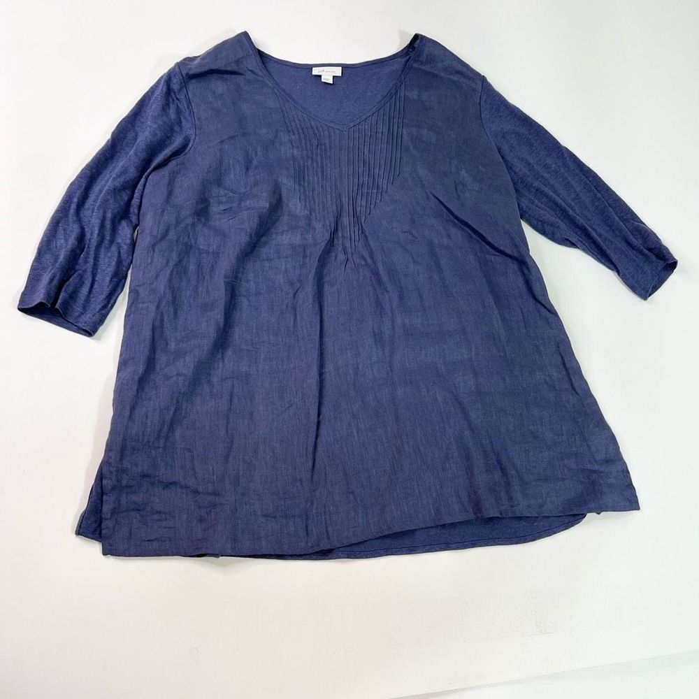 J. Jill Shirt Love Linen Womens XL Blue Pleated Tunic V Neck 3/4 Sleeve Blouse.